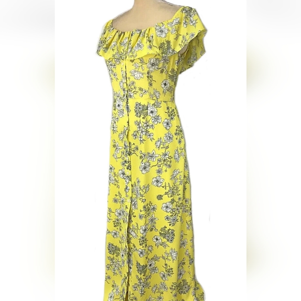 GIANNI BINI Neon-Yellow Floral off-the-shoulder Ruffle button-down Midi Dress. S